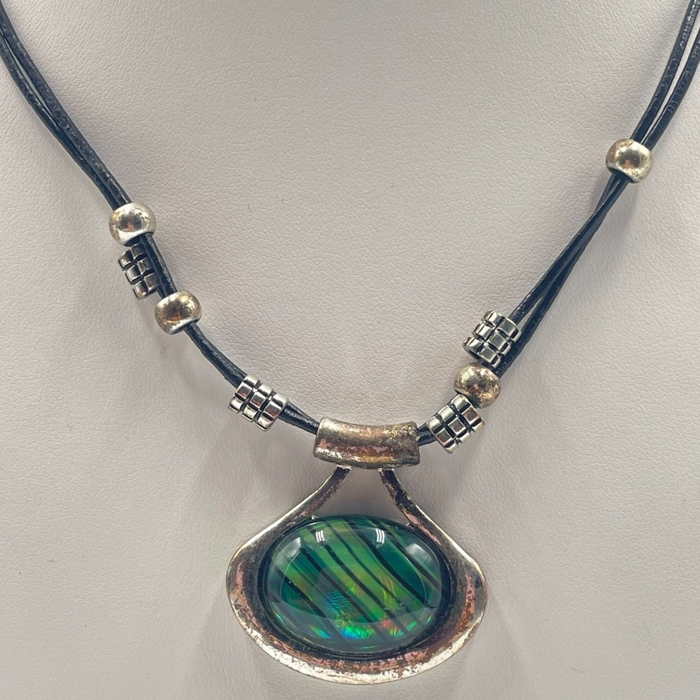 Vintage Boho Green Dichroic Glass Pendant Necklace Black Cord Retro Chunky